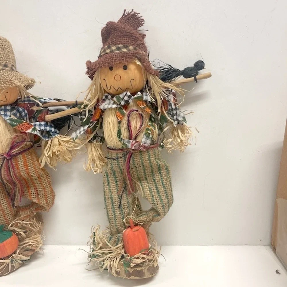 Rustic Fall Harvest Scarecrow Figurines Set of 2 Burlap Raffia Decor 12 Inch